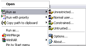 Kontekst menu med RunAsAdmin installeret