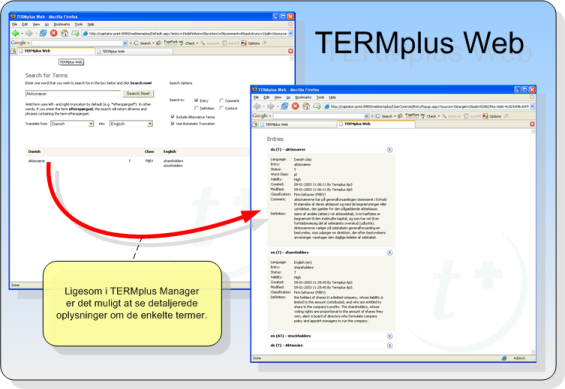 Ved hjælp af TERMplus web, er det muligt at lave opslag i begrebsordbogen fra en web-browser